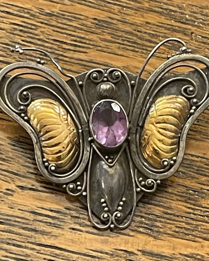 Antique 1920s Art Deco Amethyst Sterling 925 & 14k gold Butterfly brooch