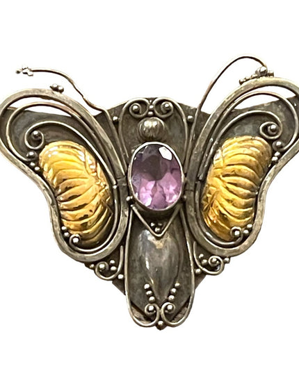 Antique 1920s Art Deco Amethyst Sterling 925 & 14k gold Butterfly brooch