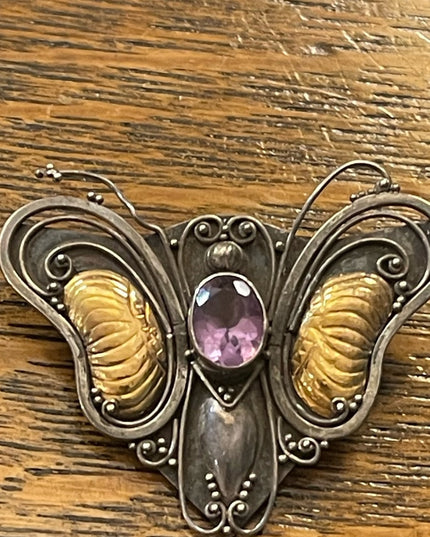 Antique 1920s Art Deco Amethyst Sterling 925 & 14k gold Butterfly brooch