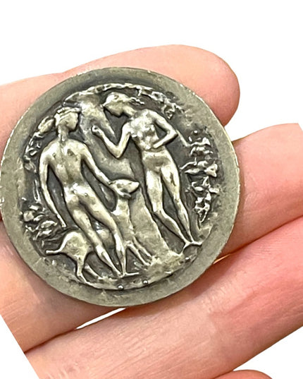 Antique Brooch French, Silver Large brooch. Adam and Eve. Medal by Belmondo.