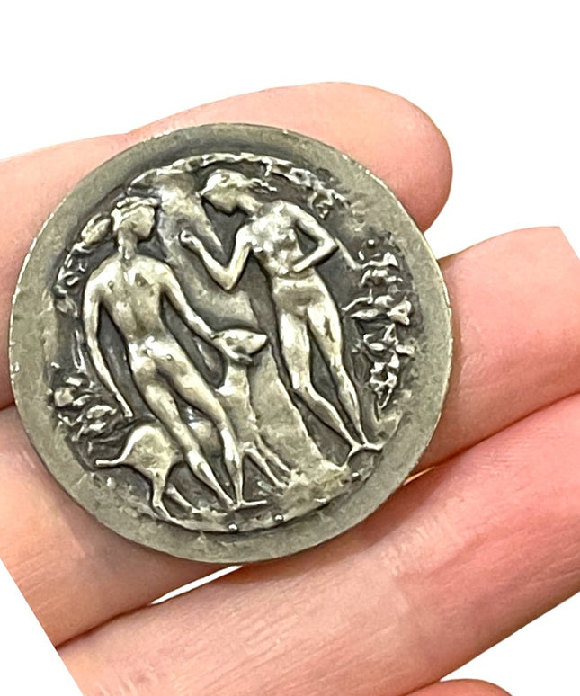 Antique Brooch French, Silver Large brooch. Adam and Eve. Medal by Belmondo.