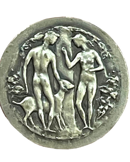 Antique Brooch French, Silver Large brooch. Adam and Eve. Medal by Belmondo.