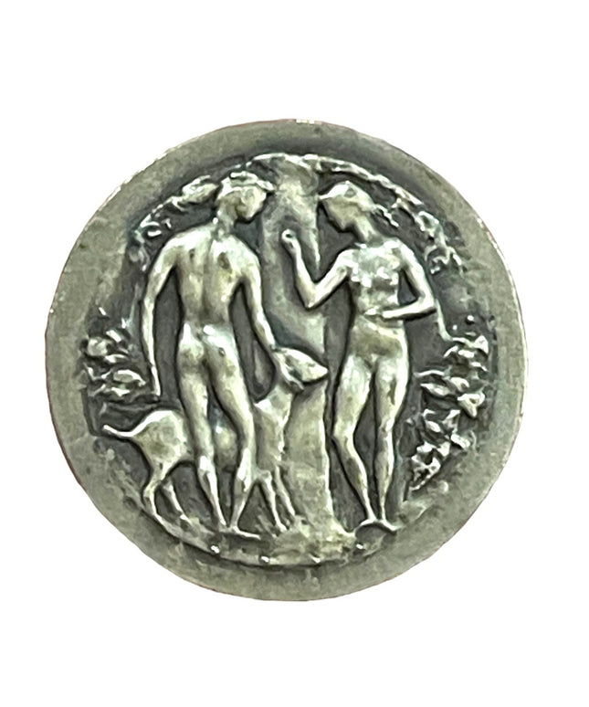 Antique Brooch French, Silver Large brooch. Adam and Eve. Medal by Belmondo.