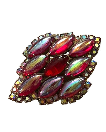Vintage 1950s Jay Kell Ruby red Ab Crystal fancy brooch