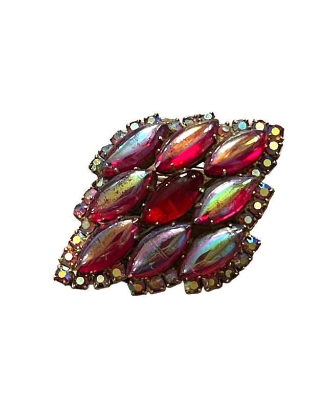 Vintage 1950s Jay Kell Ruby red Ab Crystal fancy brooch