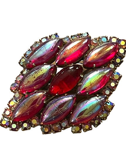 Vintage 1950s Jay Kell Ruby red Ab Crystal fancy brooch