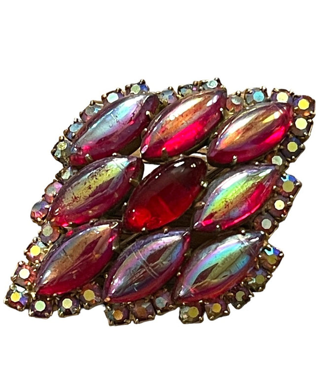Vintage 1950s Jay Kell Ruby red Ab Crystal fancy brooch