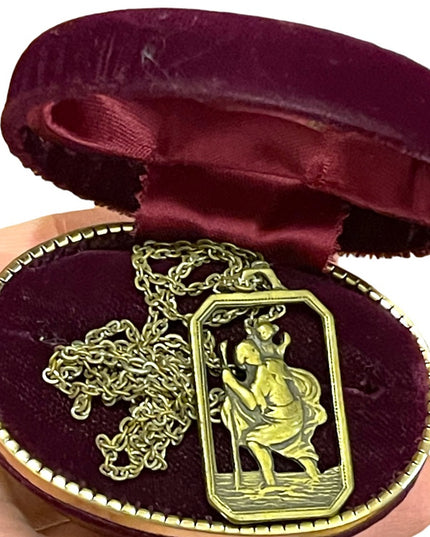 Antique St Cristopher pendant necklace Brass religious Catholic