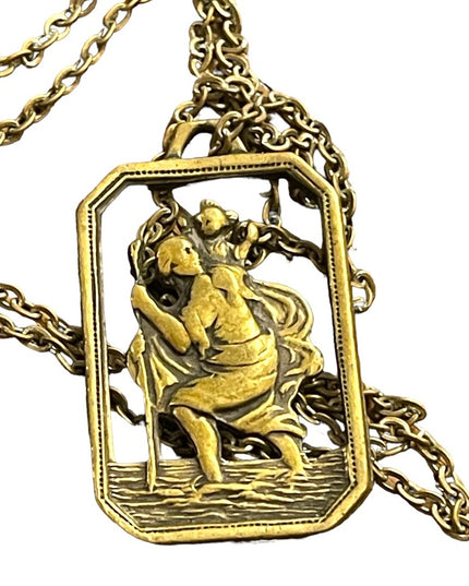 Antique St Cristopher pendant necklace Brass religious Catholic