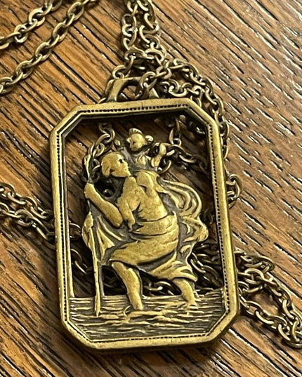 Antique St Cristopher pendant necklace Brass religious Catholic