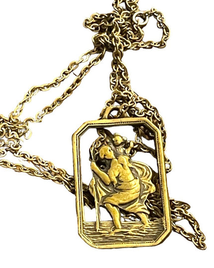 Antique St Cristopher pendant necklace Brass religious Catholic