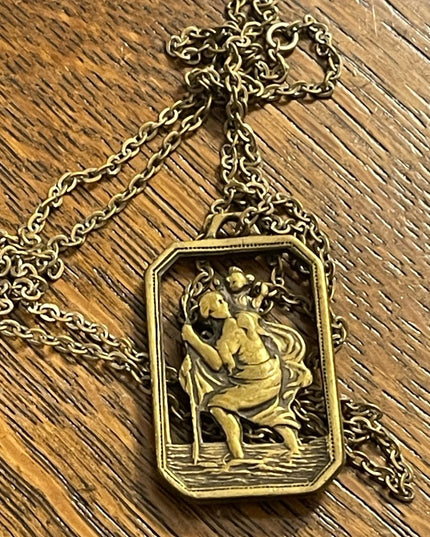 Antique St Cristopher pendant necklace Brass religious Catholic