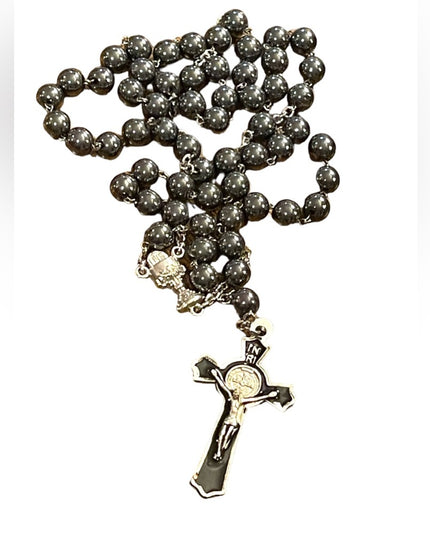 Silver Hematite enameled Catholic rosary necklace