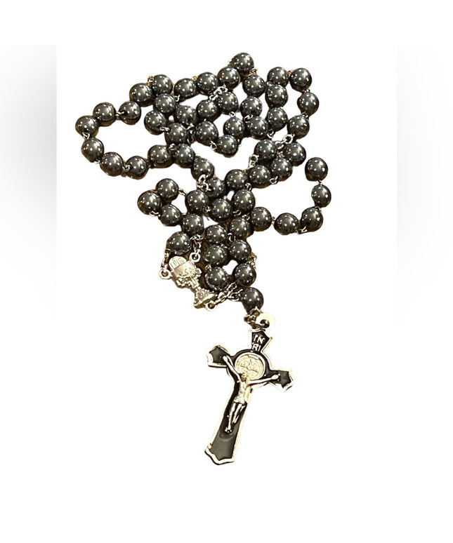 Silver Hematite enameled Catholic rosary necklace