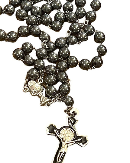 Silver Hematite enameled Catholic rosary necklace
