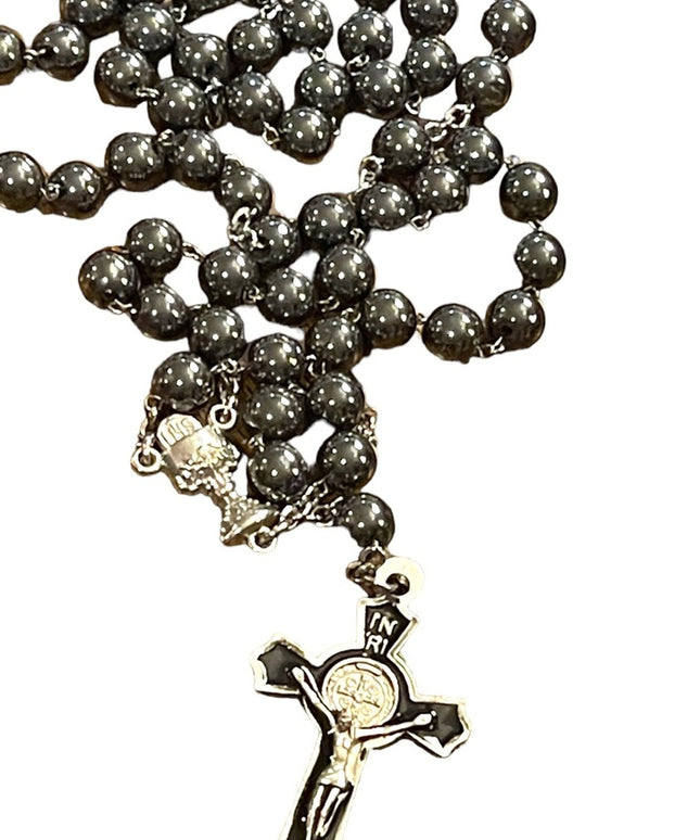 Silver Hematite enameled Catholic rosary necklace