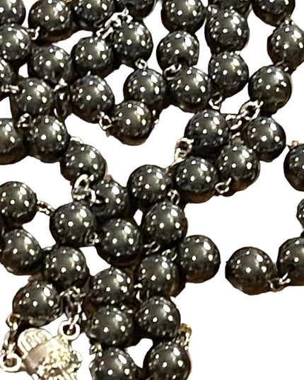 Silver Hematite enameled Catholic rosary necklace