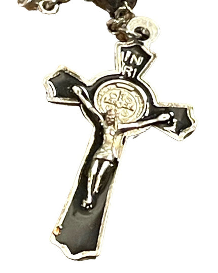 Silver Hematite enameled Catholic rosary necklace