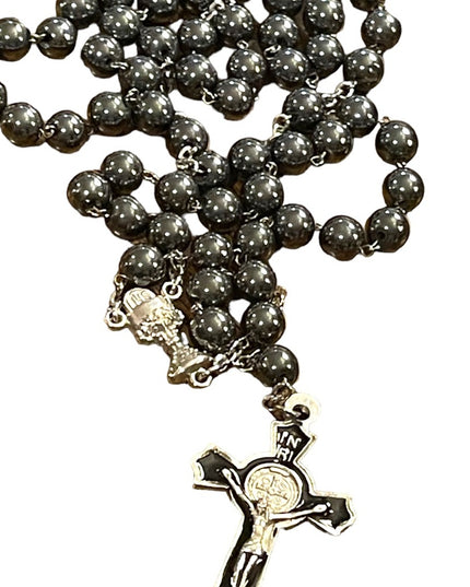 Silver Hematite enameled Catholic rosary necklace