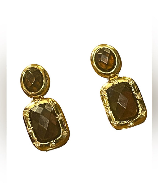 Vintage MONET Brown crystal glass “social” dangle pierced earrings gold finish