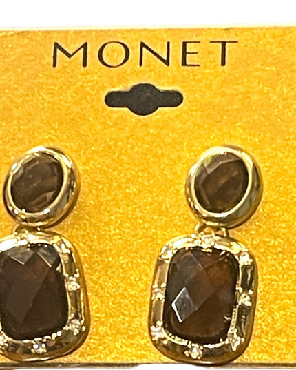 Vintage MONET Brown crystal glass “social” dangle pierced earrings gold finish