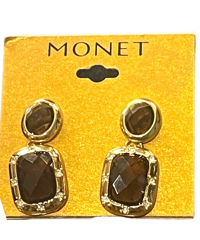 Vintage MONET Brown crystal glass “social” dangle pierced earrings gold finish