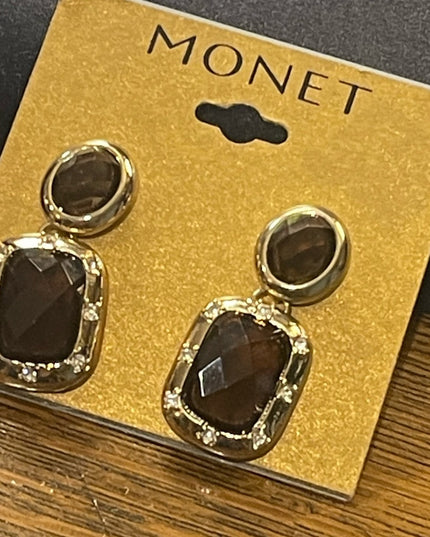 Vintage MONET Brown crystal glass “social” dangle pierced earrings gold finish