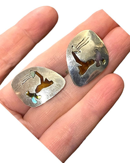 Vintage sterling silver 925 Taxco Mexico Abalone enamel inlay earrings story