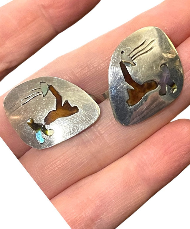 Vintage sterling silver 925 Taxco Mexico Abalone enamel inlay earrings story