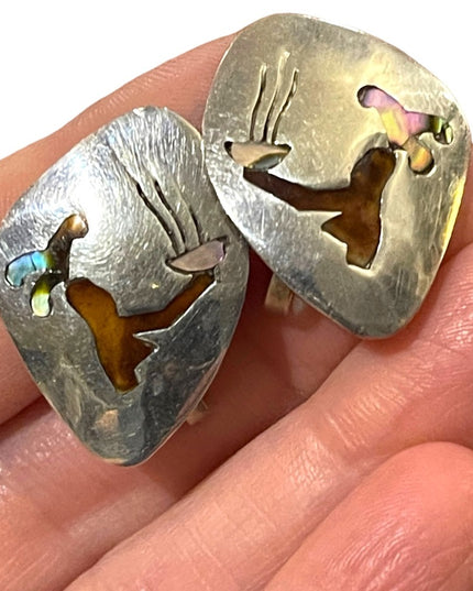 Vintage sterling silver 925 Taxco Mexico Abalone enamel inlay earrings story