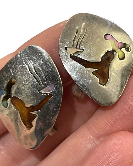 Vintage sterling silver 925 Taxco Mexico Abalone enamel inlay earrings story