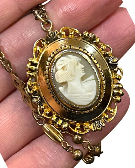 Vintage gold finish Shell Cameo locket necklace