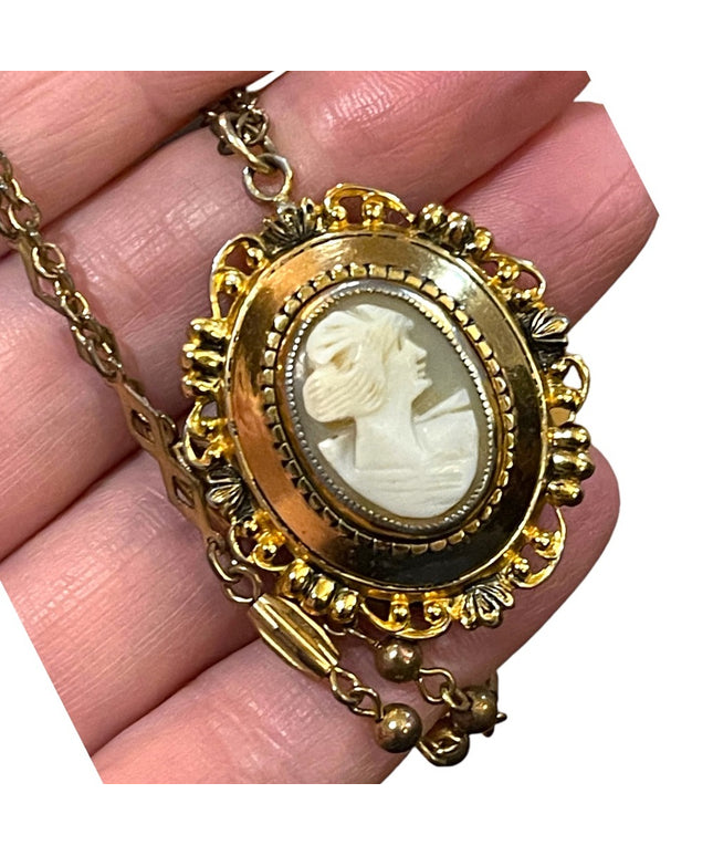 Vintage gold finish Shell Cameo locket necklace