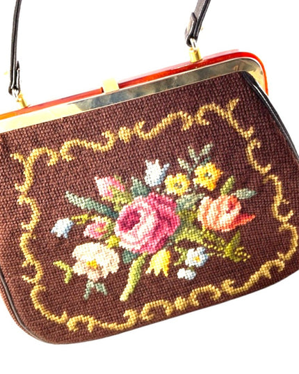Stunning- Vintage C1950s Needlepoint petite point purse 👛 brown flowers