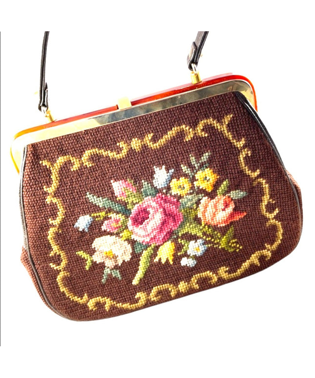 Stunning- Vintage C1950s Needlepoint petite point purse 👛 brown flowers