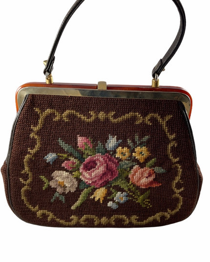 Stunning- Vintage C1950s Needlepoint petite point purse 👛 brown flowers