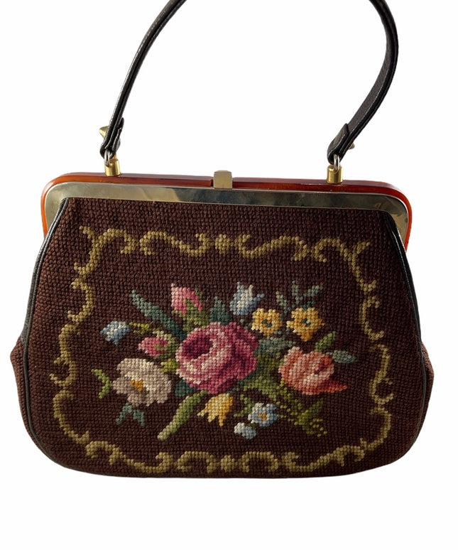 Stunning- Vintage C1950s Needlepoint petite point purse 👛 brown flowers