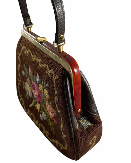 Stunning- Vintage C1950s Needlepoint petite point purse 👛 brown flowers