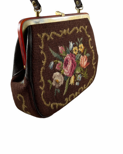 Stunning- Vintage C1950s Needlepoint petite point purse 👛 brown flowers