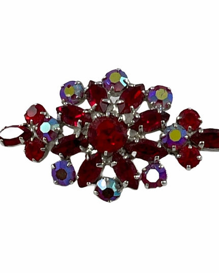 Vintage Ruby Red crystal brooch 2”x1” Silver finish 1950s