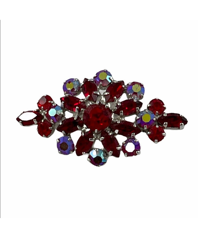 Vintage Ruby Red crystal brooch 2”x1” Silver finish 1950s