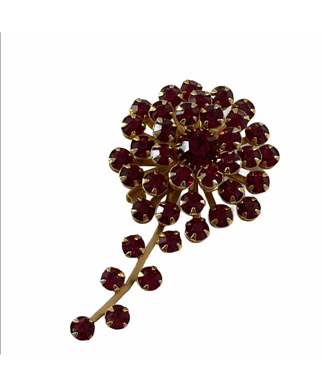 Vintage c1960s Gold finish red crystal flower brooch