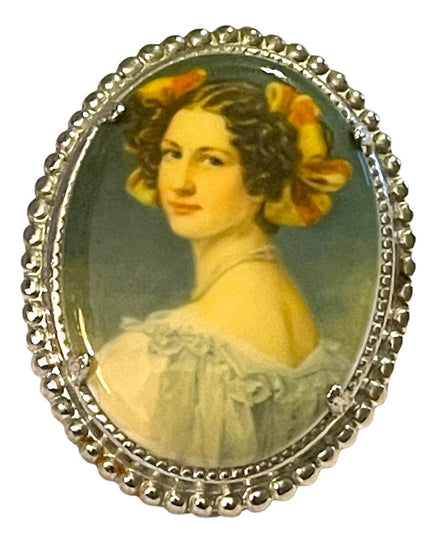 Vintage resin silver finish transfer Cameo oval brooch