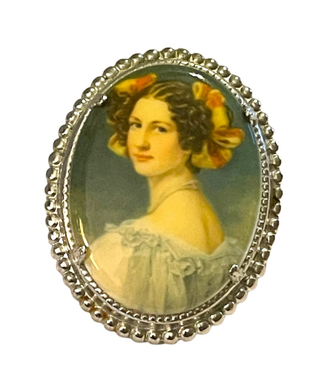 Vintage resin silver finish transfer Cameo oval brooch
