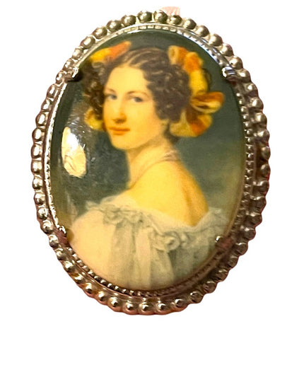 Vintage resin silver finish transfer Cameo oval brooch