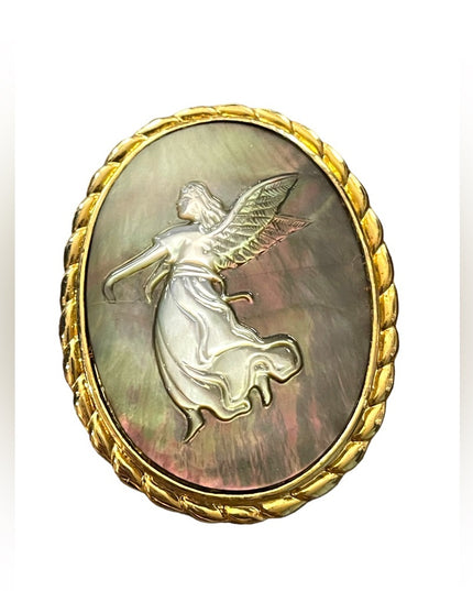 Vintage gold finish Angel Abalone carved Cameo pendant brooch
