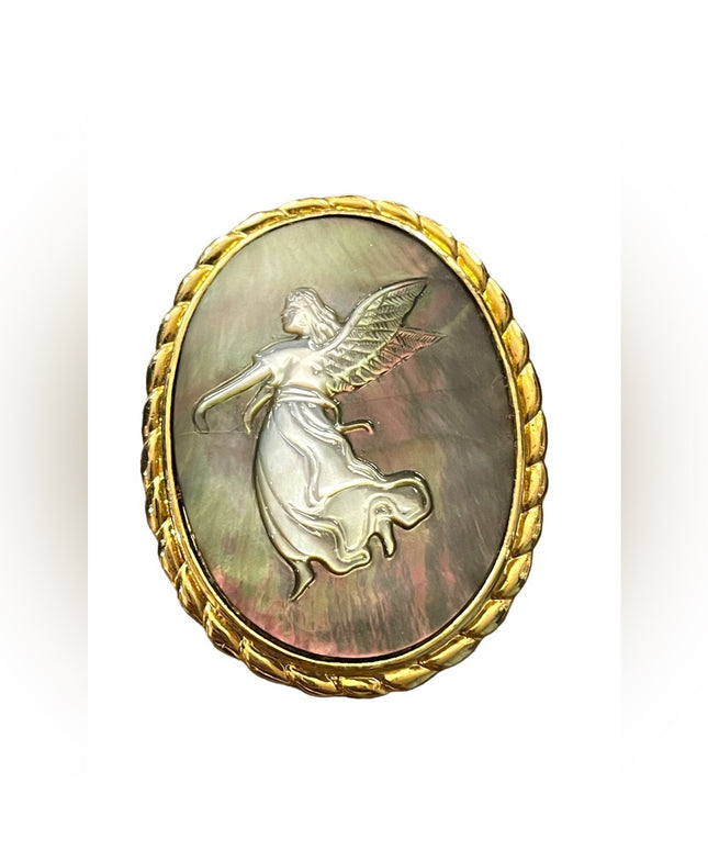Vintage gold finish Angel Abalone carved Cameo pendant brooch