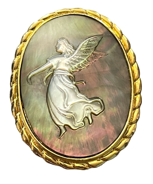 Vintage gold finish Angel Abalone carved Cameo pendant brooch