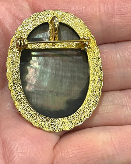 Vintage gold finish Angel Abalone carved Cameo pendant brooch