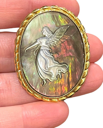 Vintage gold finish Angel Abalone carved Cameo pendant brooch